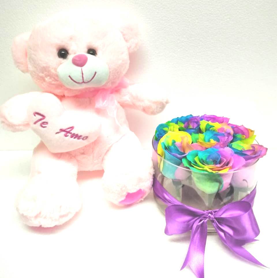 Florero 10 Rosas Arcoiris ms Peluche 30 cm